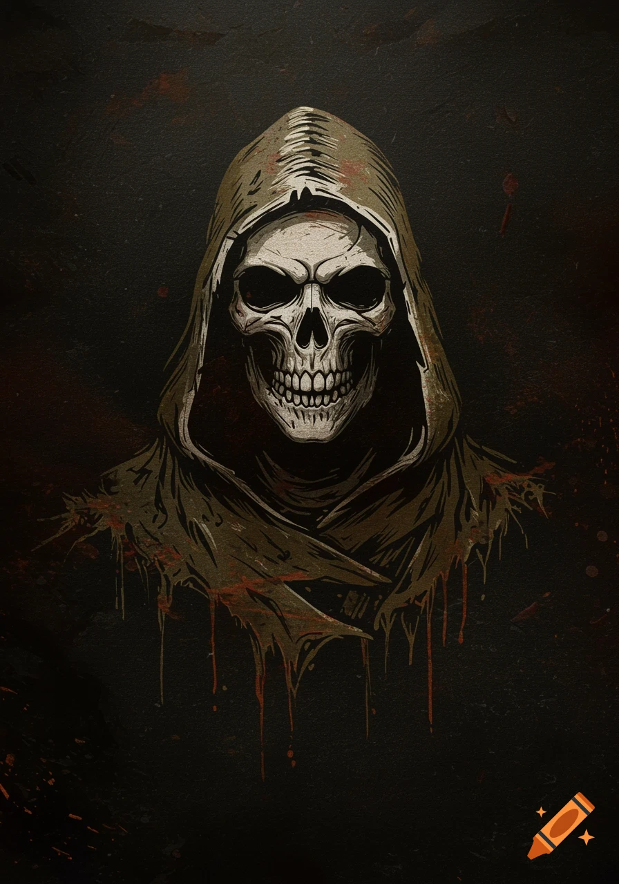 A stylized illustration of a hooded skull with a dark, textured background and red drips.