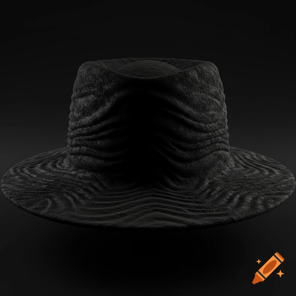 A dark hat with a prominent, rippled texture against a black background.