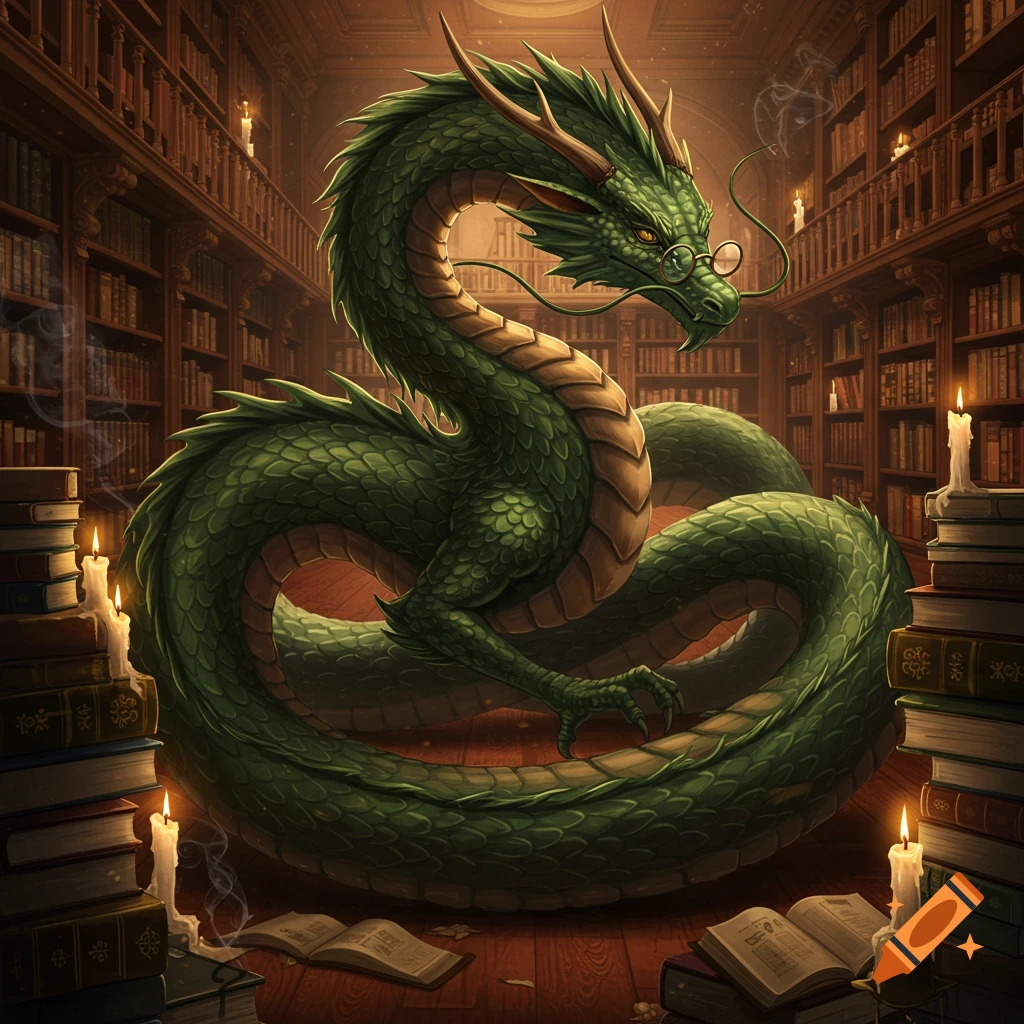 A large green dragon wearing spectacles is curled up on the floor of a grand, candle-lit library filled with tall bookshelves.