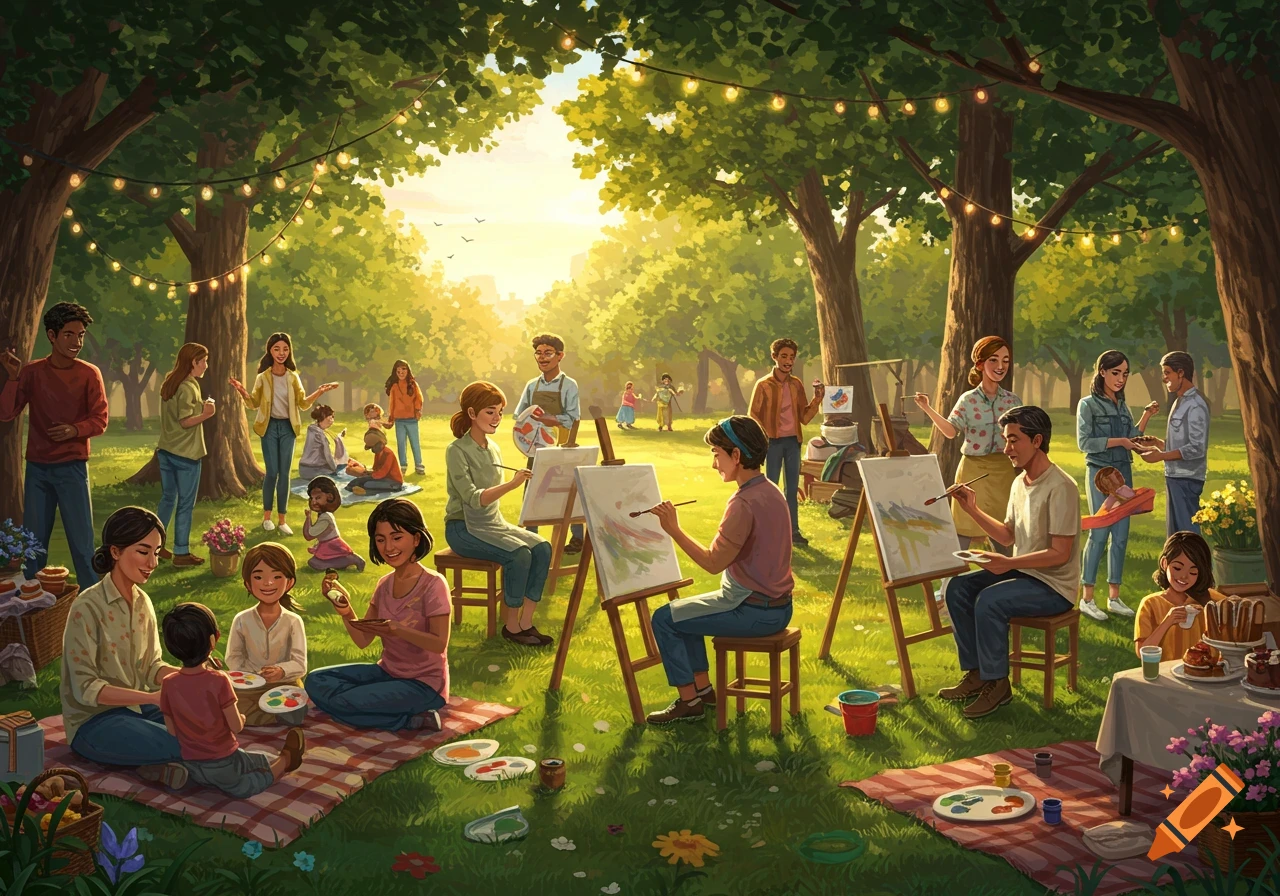 Diverse people of all ages painting together at a sunny outdoor art class in a park.