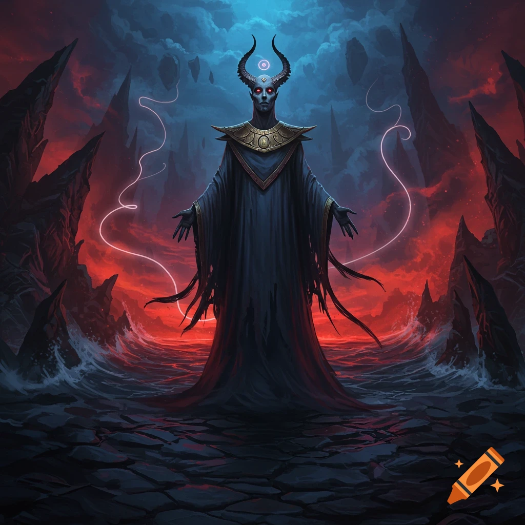 A dark, horned figure in a long robe stands in a hellish landscape with jagged rocks, dark water, and a fiery red sky. It has glowing red eyes and a third eye.