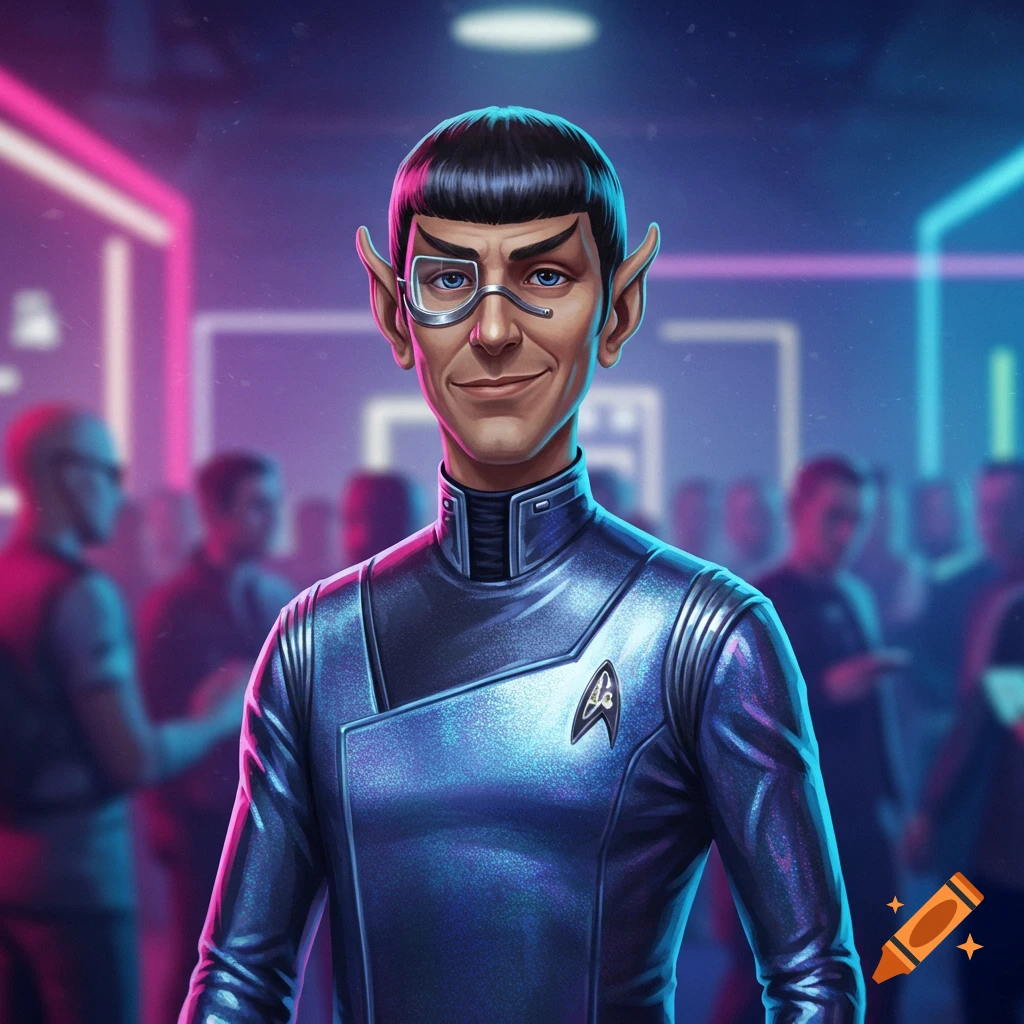 An animated, smiling character with Spock-like ears and a monocle, wearing a metallic blue futuristic uniform, in a neon-lit setting.