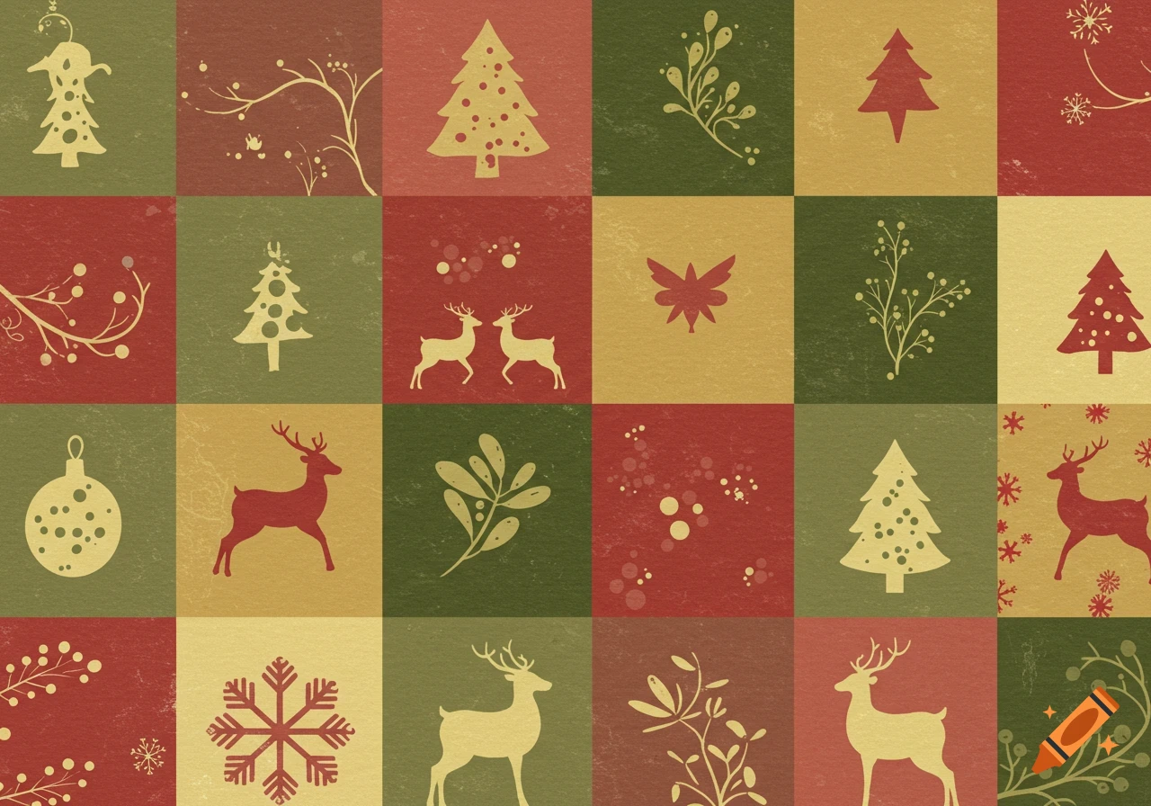 A holiday pattern grid with muted red, green, and yellow squares, featuring illustrations of Christmas trees, reindeer, and foliage.
