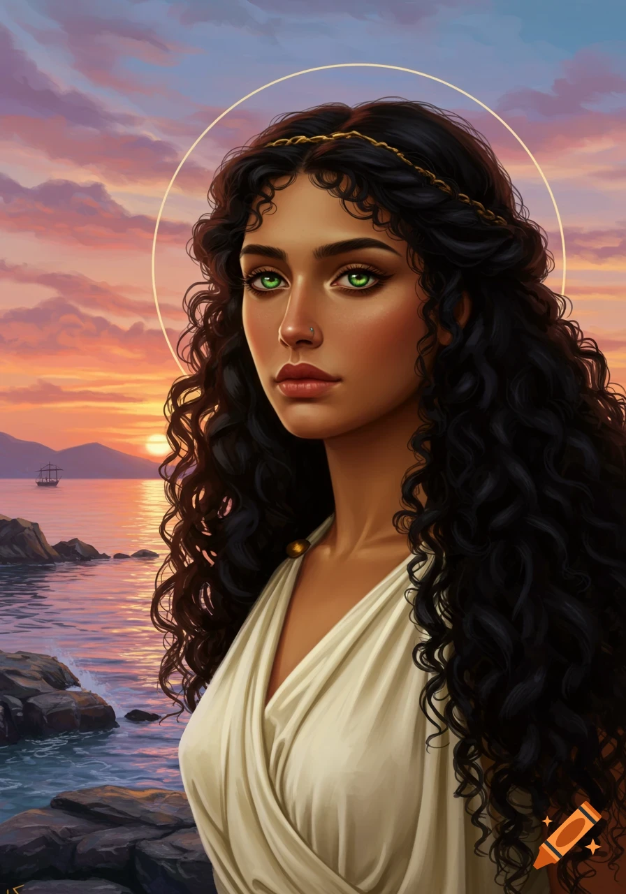 A digital painting of a beautiful Greek woman with curly black hair and green eyes, wearing a white chiton, standing by the sea at sunset.