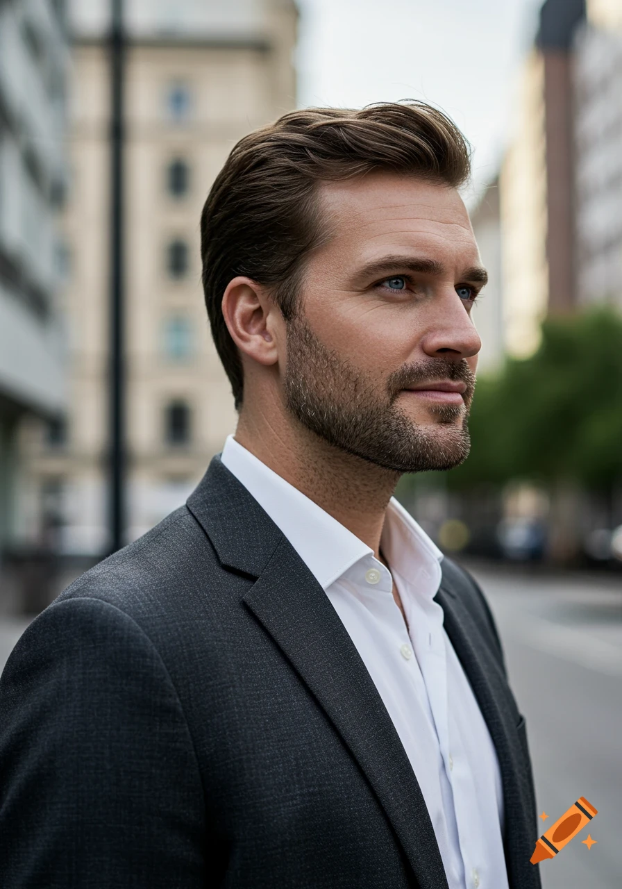 A photorealistic portrait of a handsome man with a beard and blue eyes, wearing a dark suit and white shirt, looking right in a city setting.