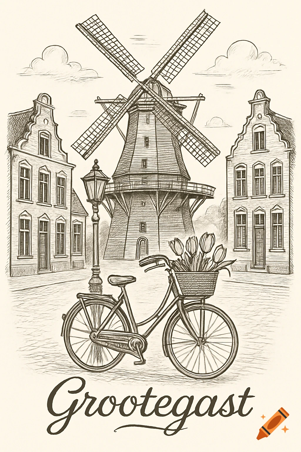 Line art drawing of a Dutch windmill, two tall buildings, and a bicycle with tulips in a basket, with 'Grootegast' below.