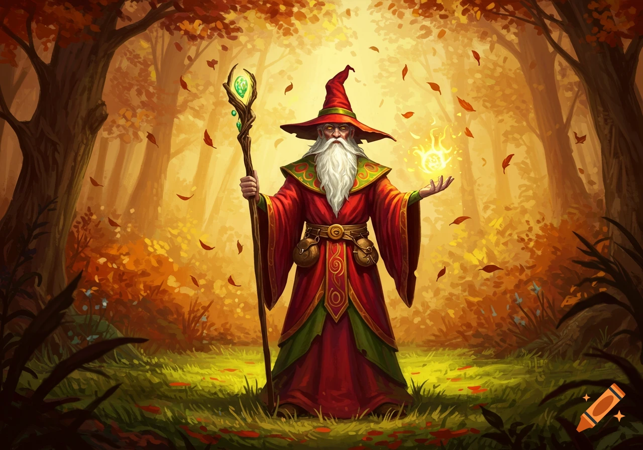 A red-robed wizard with a staff and glowing orb in a vibrant autumn forest, stylized illustration.