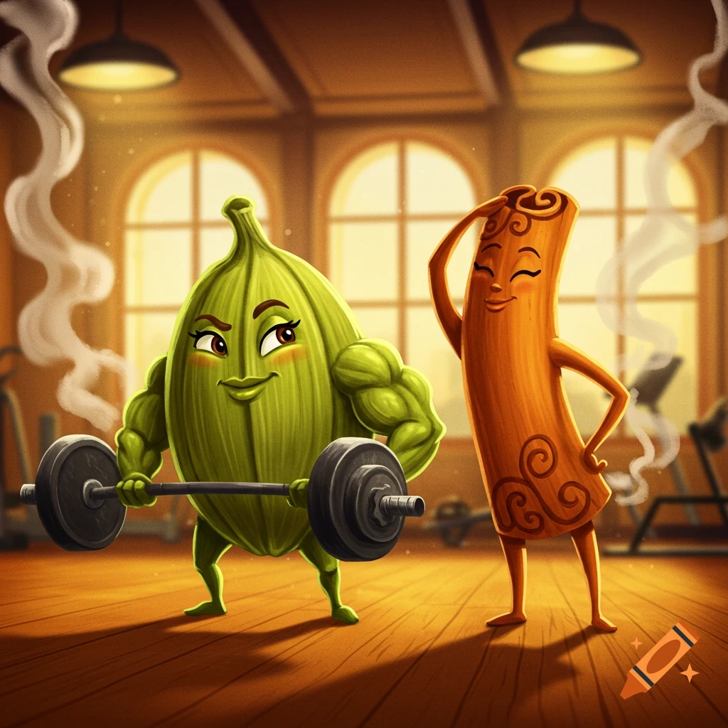 A muscular cartoon cardamom character lifts a barbell in a gym while a cinnamon stick character watches.