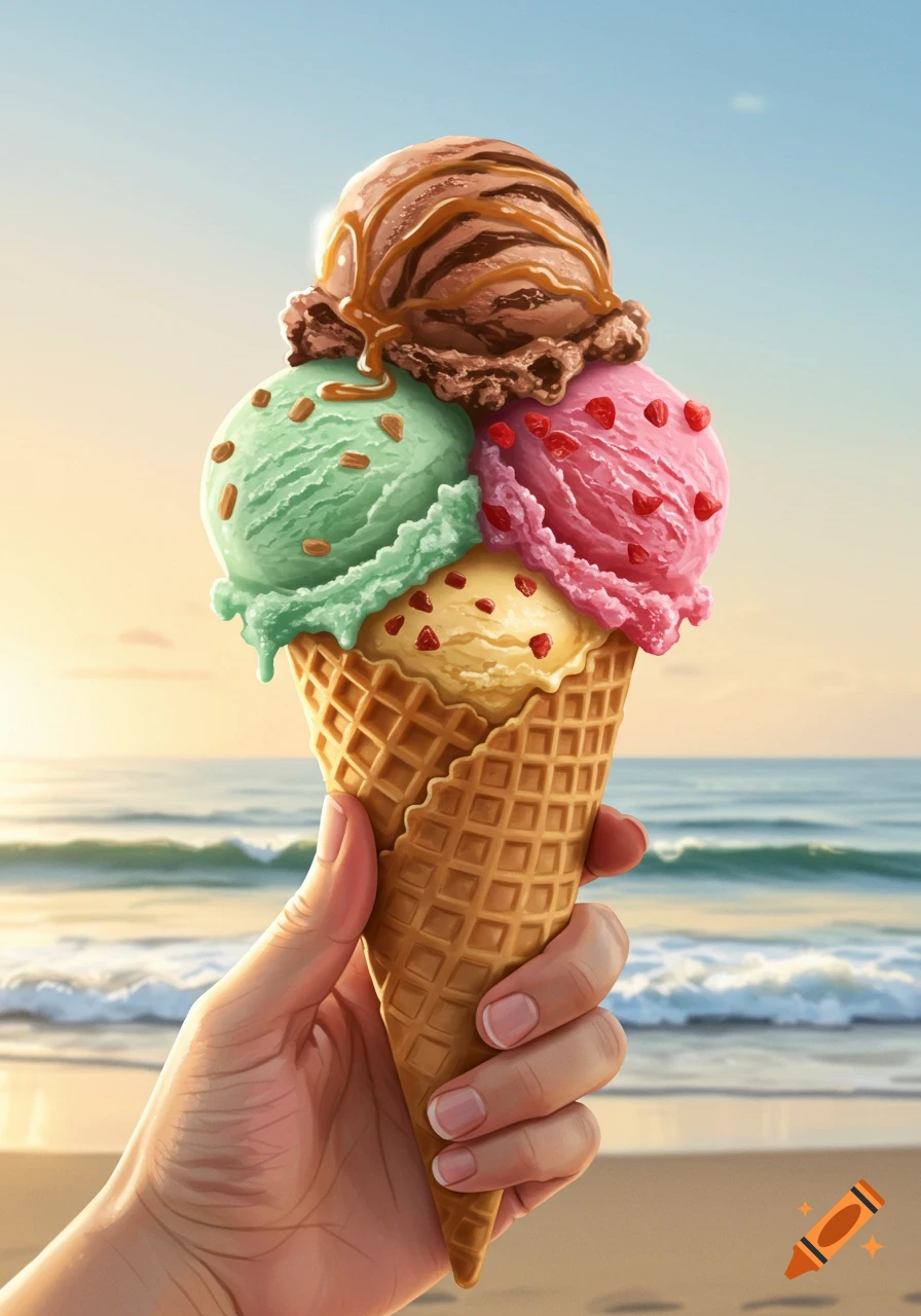 A hand holds a melting ice cream cone with three scoops (chocolate, mint, and strawberry) against a beach and ocean background.