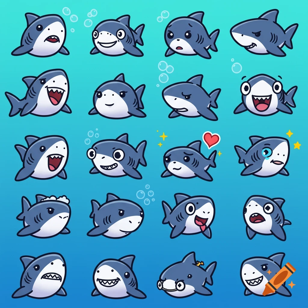 A grid of 20 cute cartoon shark emojis with various expressions on a blue gradient background.