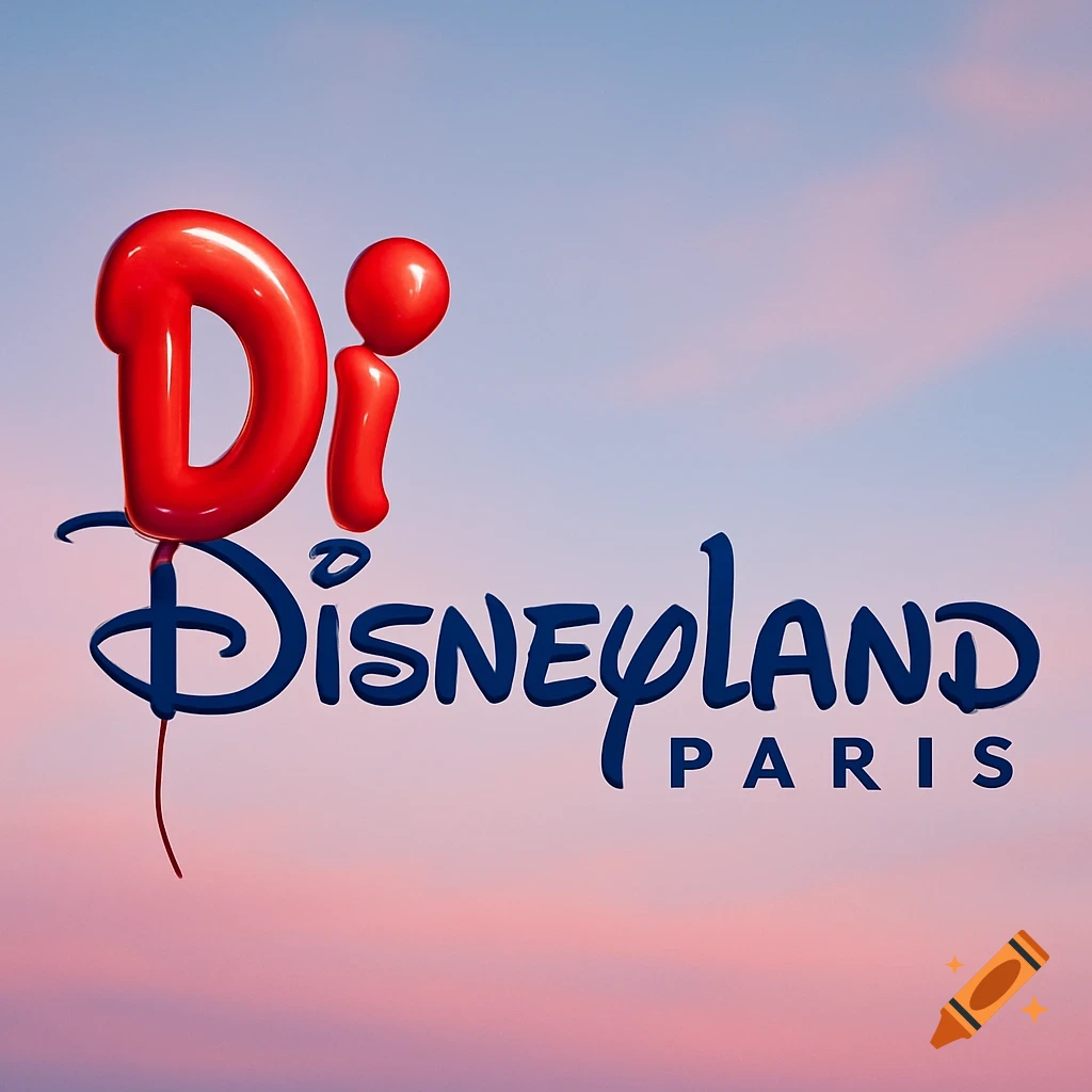 The Disneyland Paris logo with the 'Di' in 'Disneyland' stylized as two red balloons, against a blue and pink gradient sky.