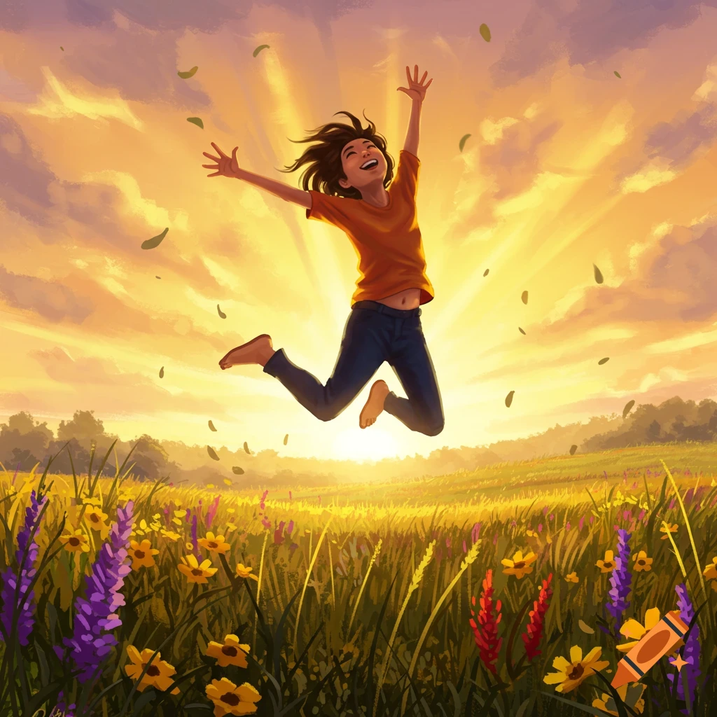 A happy person jumps high in a sunlit field of wildflowers with arms outstretched, against a golden sky.