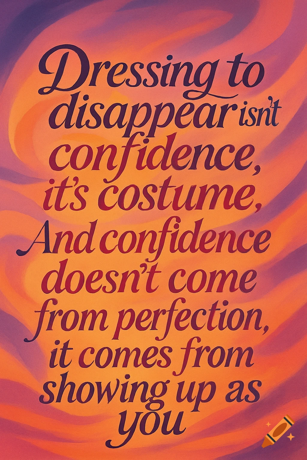 Motivational quote in dark red text on a swirled orange and purple gradient background.