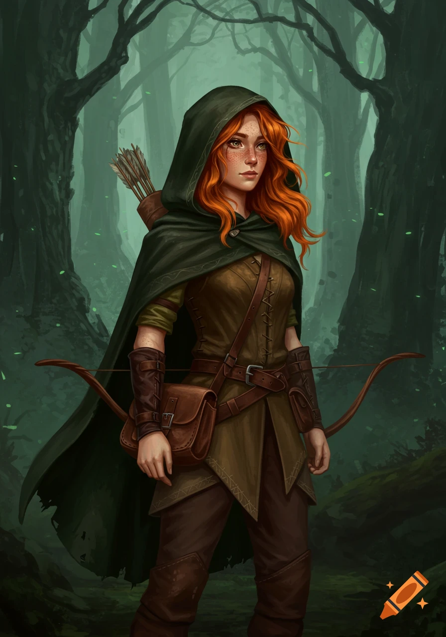 Red-haired female elf adventurer in a green hooded cape with a bow and quiver, standing in a misty, dark forest in a semi-realistic fantasy style.