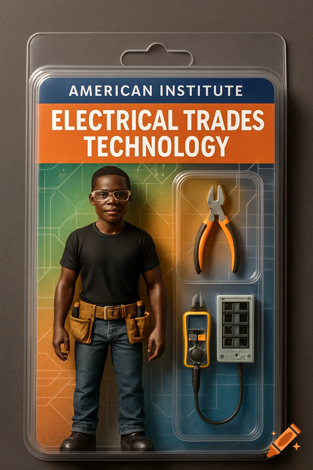 Photorealistic action figure of a young Black man wearing a tool belt and safety goggles, packaged with electrical tools. Packaging labeled for 'Electrical Trades Technology'.
