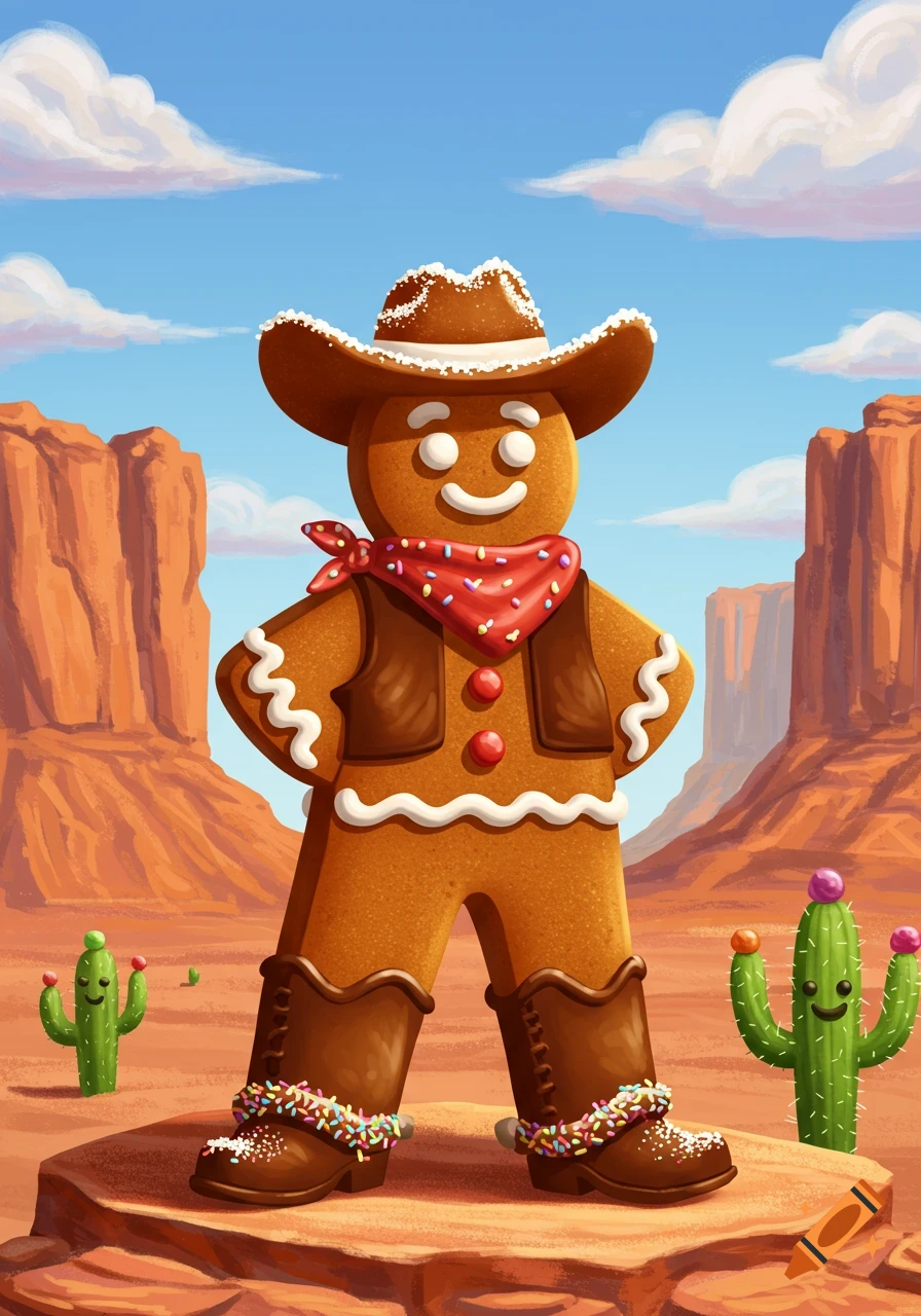 A cute gingerbread cowboy stands confidently with hands on hips in a desert landscape with red rock formations and smiling cacti under a blue sky.