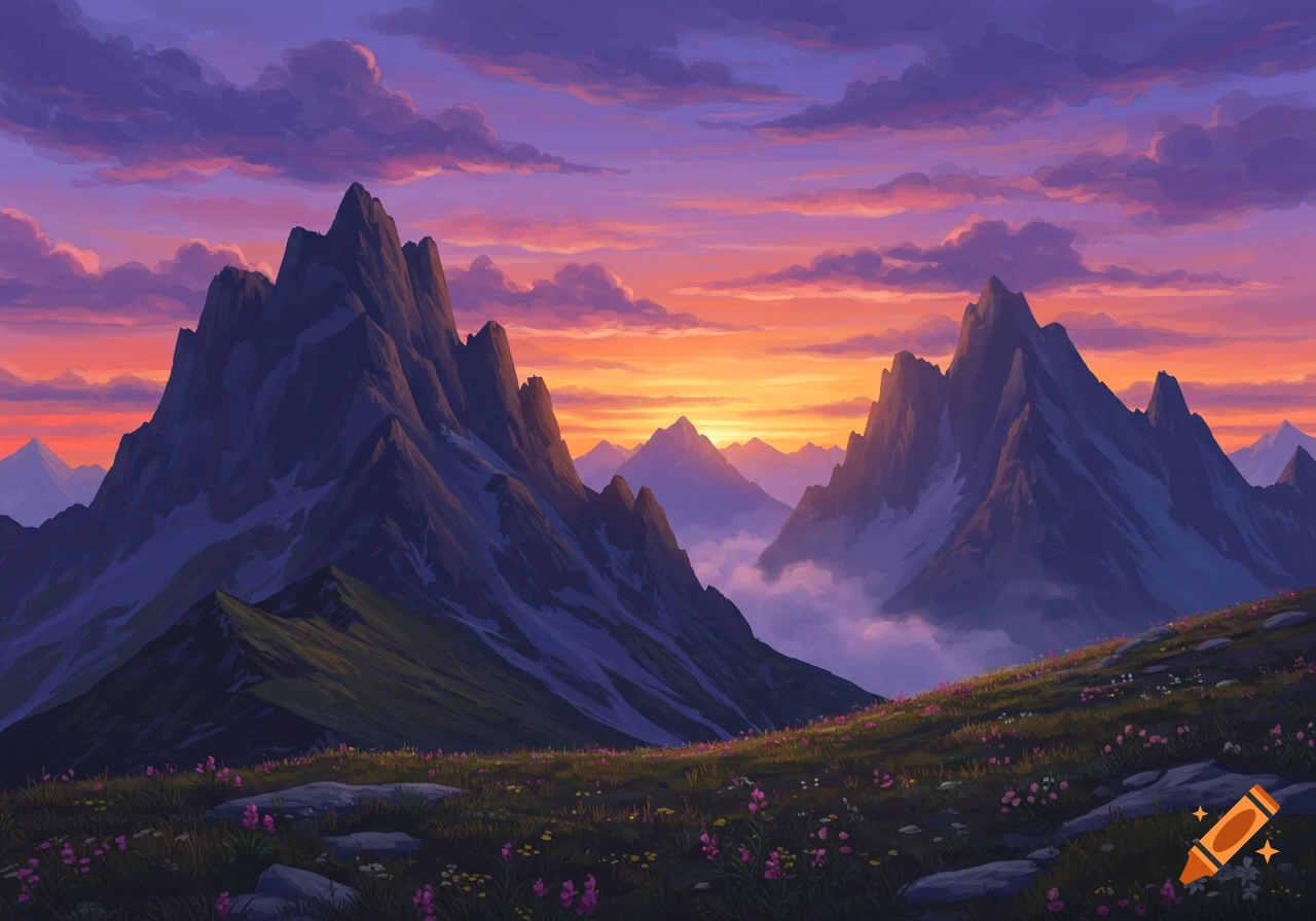 Stylized landscape painting of mountains at sunset with vibrant purple and orange clouds and a flowery foreground.