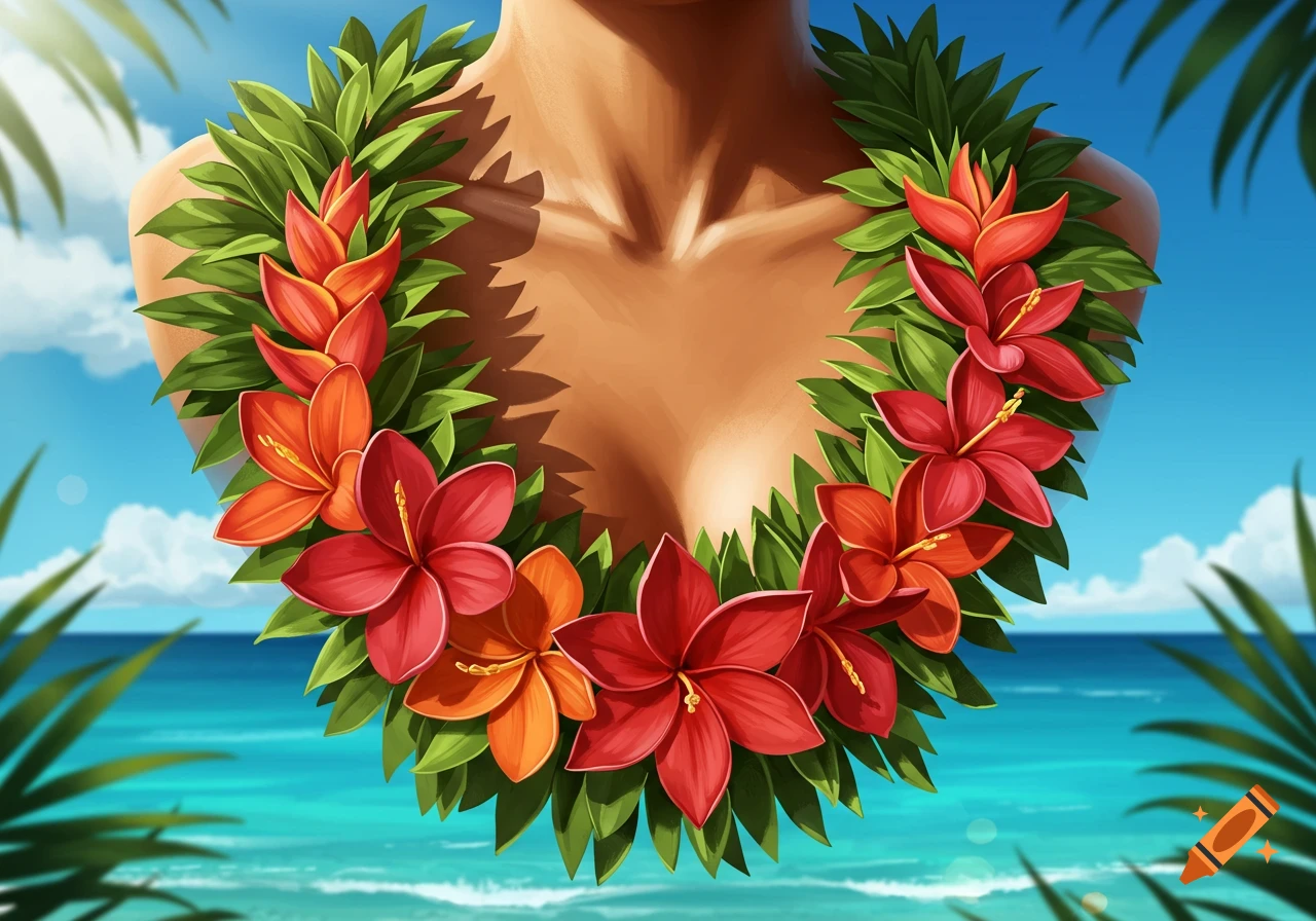 A close-up of a person's chest and neck adorned with a vibrant red and orange floral lei against a tropical beach background.