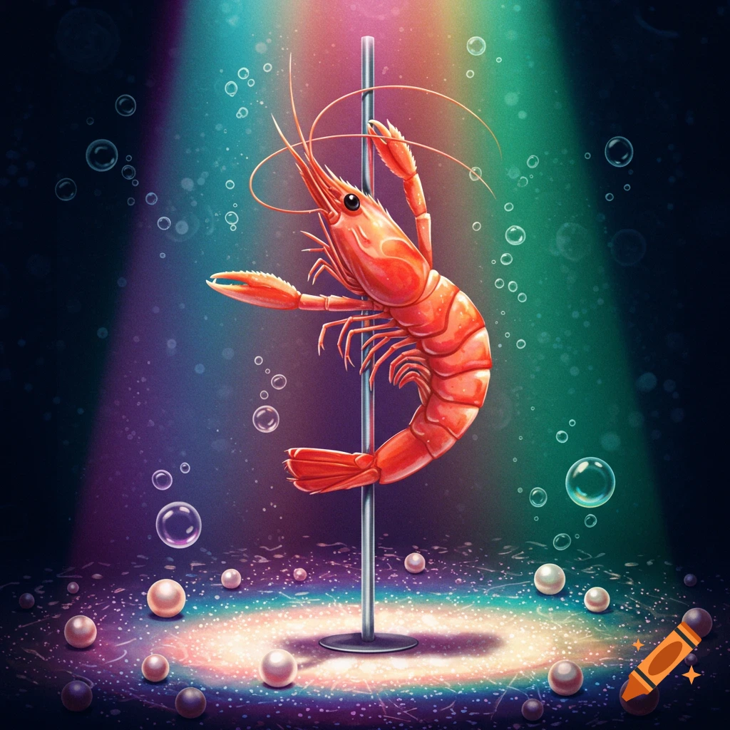A cartoon prawn pole dancing under colorful spotlights with bubbles and pearls around.