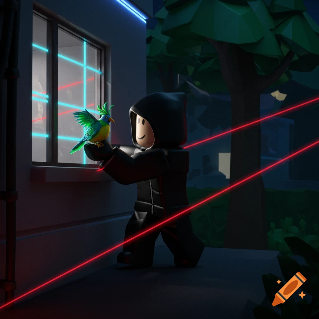 A Roblox character in a black hoodie holds a colorful bird outside a house with red and blue lasers at night, 3D render.