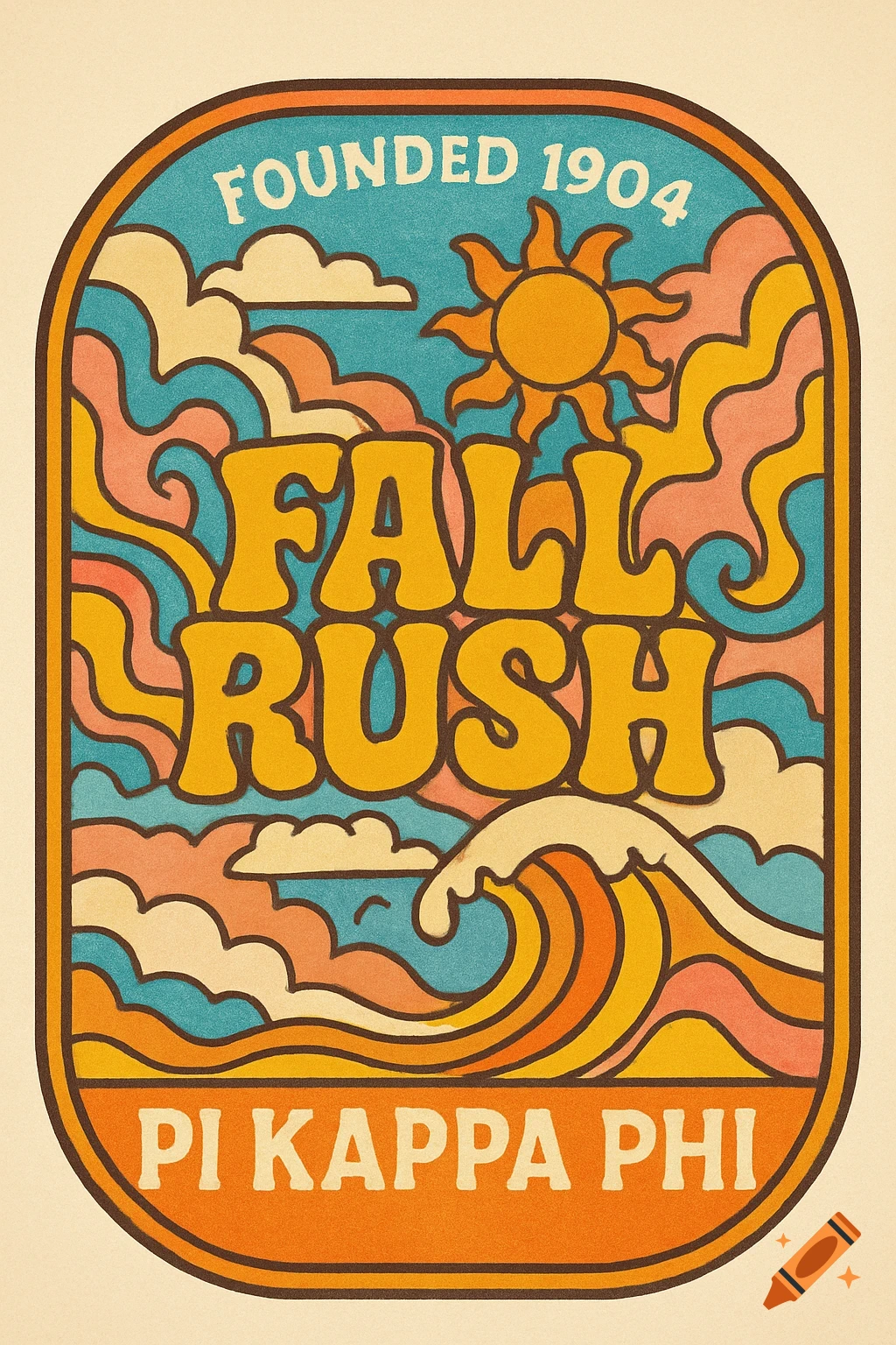 A retro-style illustration in an oval shape, featuring text 'FOUNDED 1904', 'FALL RUSH', and 'PI KAPPA PHI' with a sun, clouds, and waves.