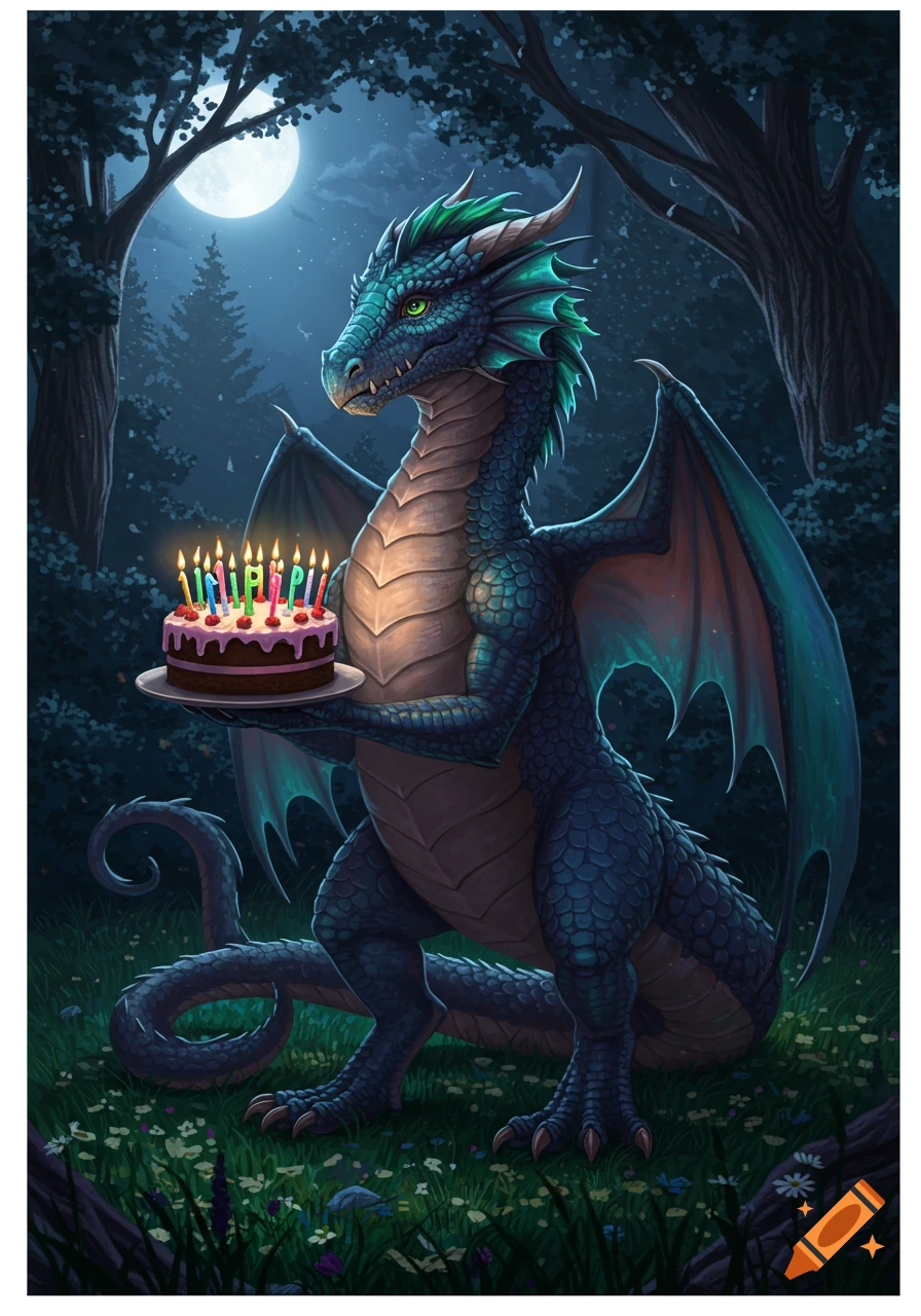 A blue-green dragon with large wings holds a chocolate birthday cake with lit candles in a dark forest under a full moon.
