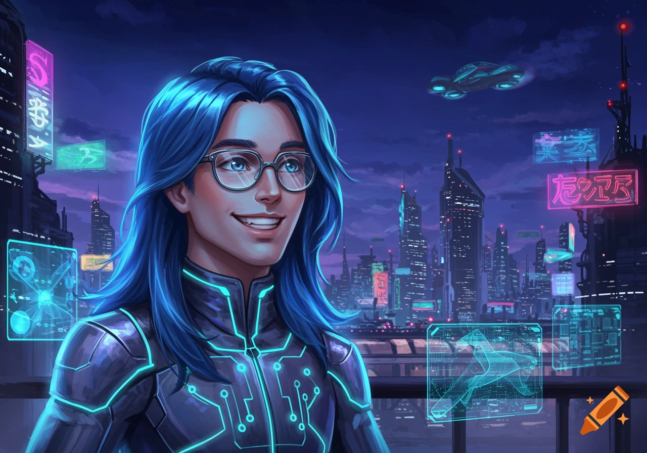 A smiling young person with long blue hair and glasses stands in a futuristic city at night with neon signs and flying vehicles.