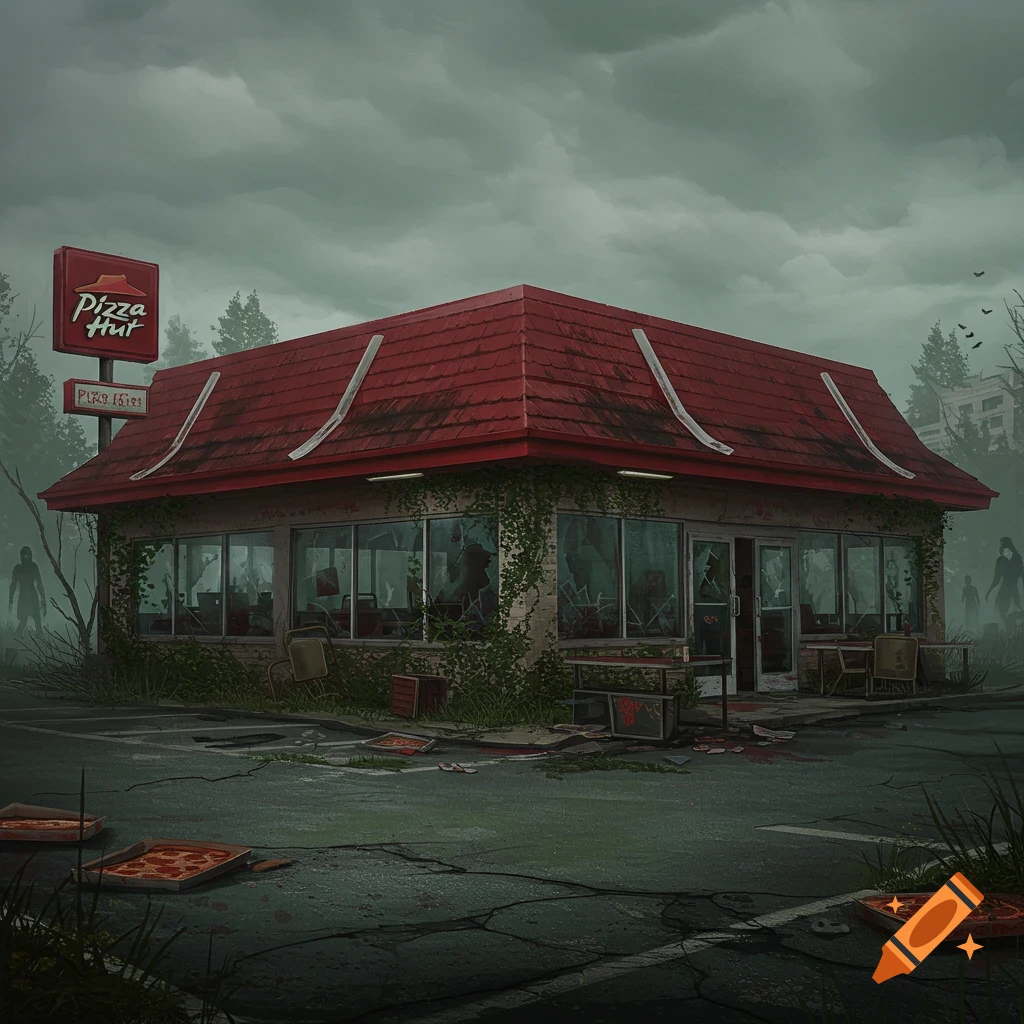 An abandoned and overgrown Pizza Hut restaurant under a dark, cloudy sky, with broken windows, debris, and zombies in the misty background.