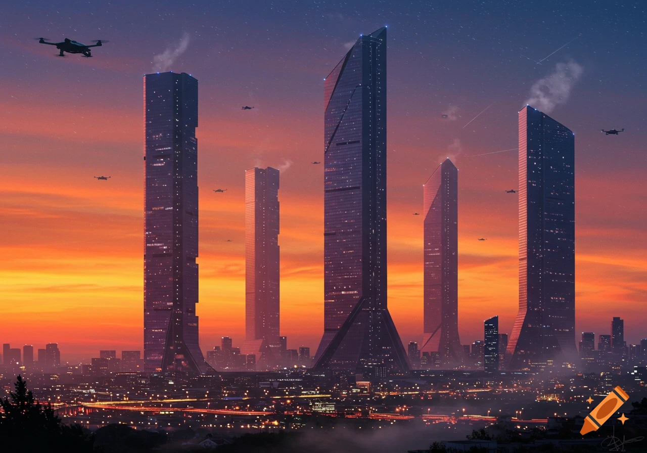 A panoramic view of a futuristic city at sunset, with sleek, towering skyscrapers and drones flying against an orange and blue sky.
