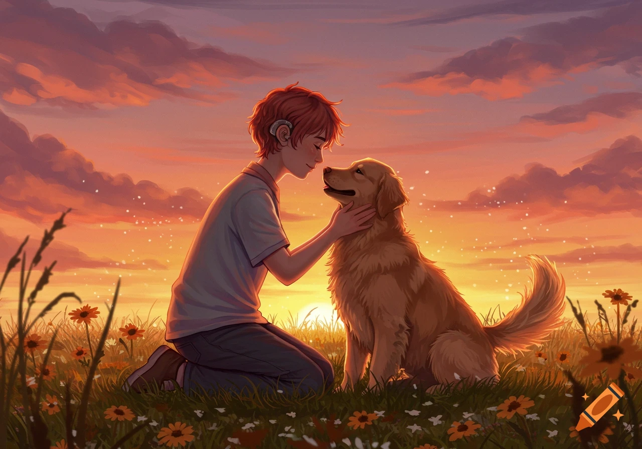A young person with reddish hair and hearing aids kneels to pet a golden retriever in a field of wildflowers at sunset, in an illustration style.