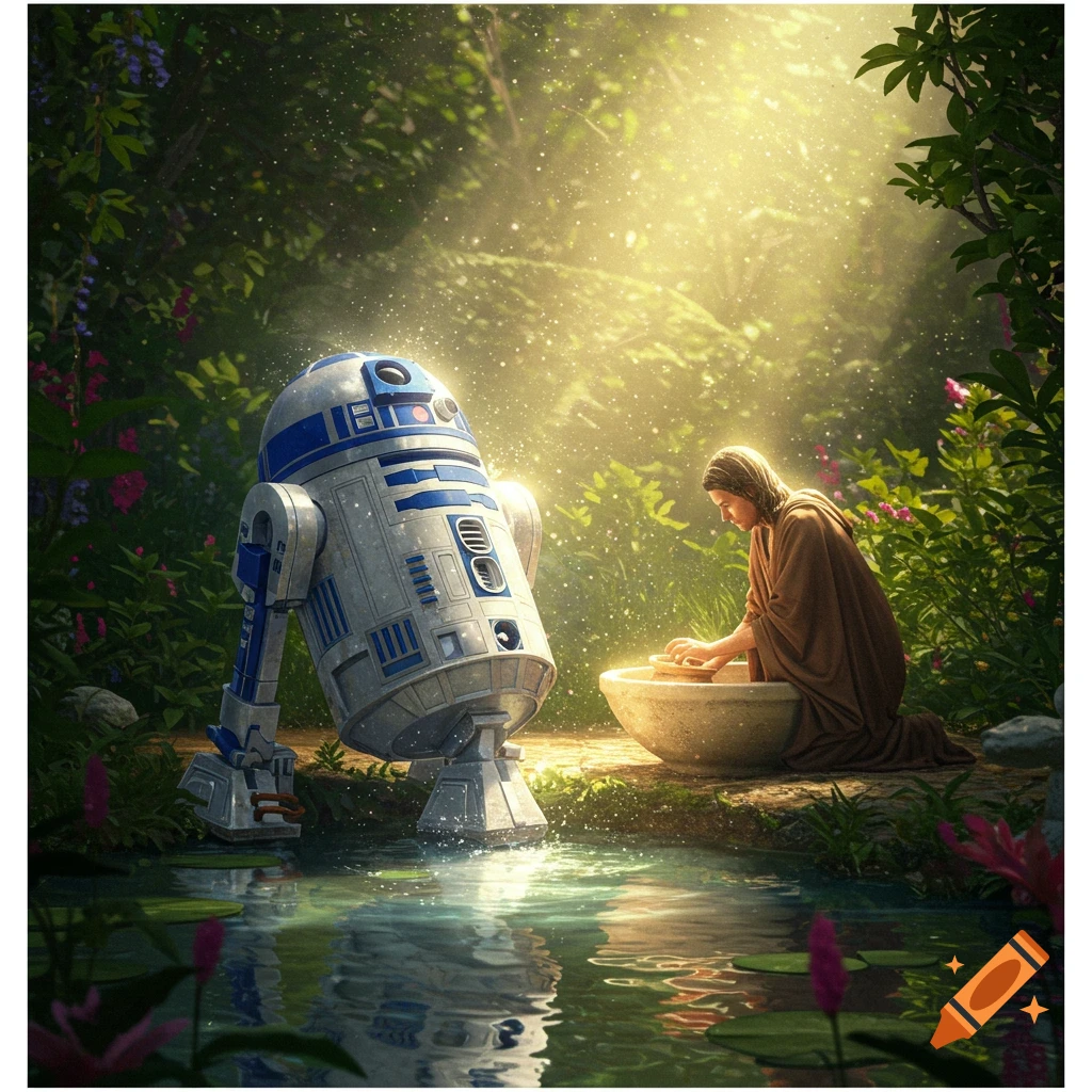 R2-D2 in a lush, sunlit forest, with a robed figure washing its base in a stone basin by a pond.
