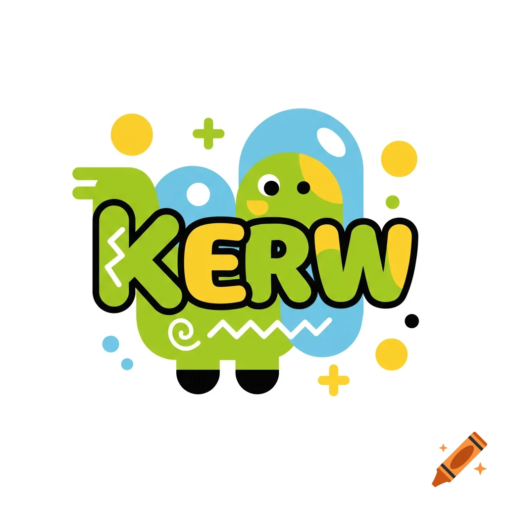 Colorful cartoon design with the word 'KERW' in green and yellow bubble letters and abstract shapes.