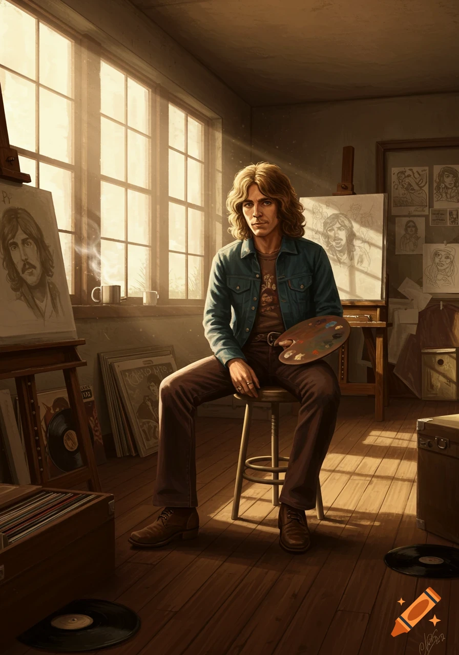 A man with long curly hair in a denim jacket sits on a stool, holding a palette, in a sunlit art studio with canvases and records.