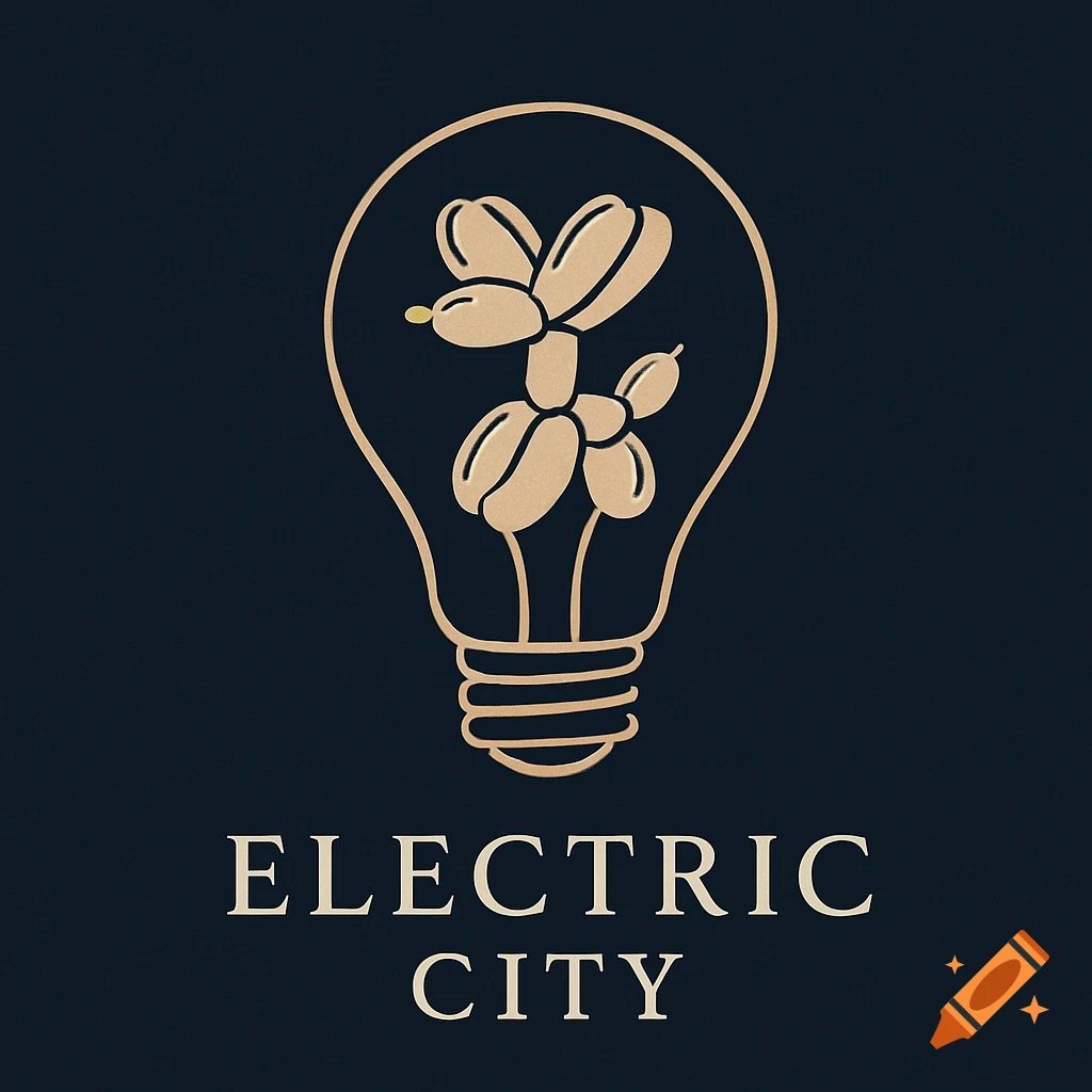Elegant logo with a golden balloon dog inside a light bulb, and 'ELECTRIC CITY' text below.