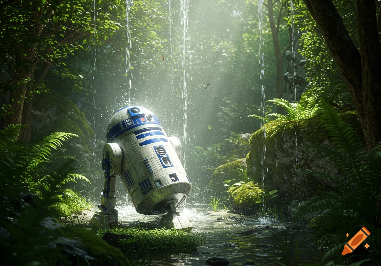 Photorealistic image of R2D2 standing in a stream under falling water in a lush, sunlit forest.