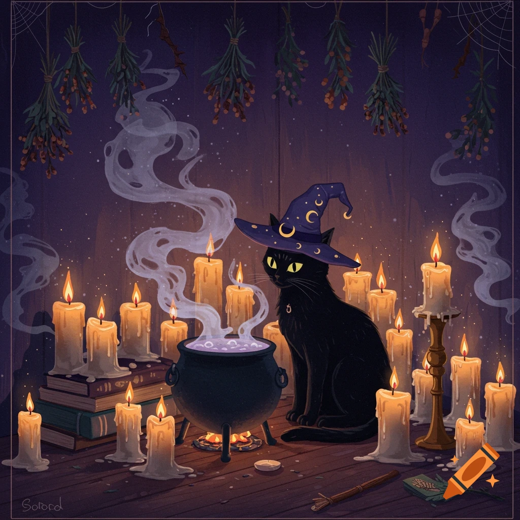 A black cat wearing a witch's hat sits among many lit candles and a bubbling cauldron in a dark, magical room.