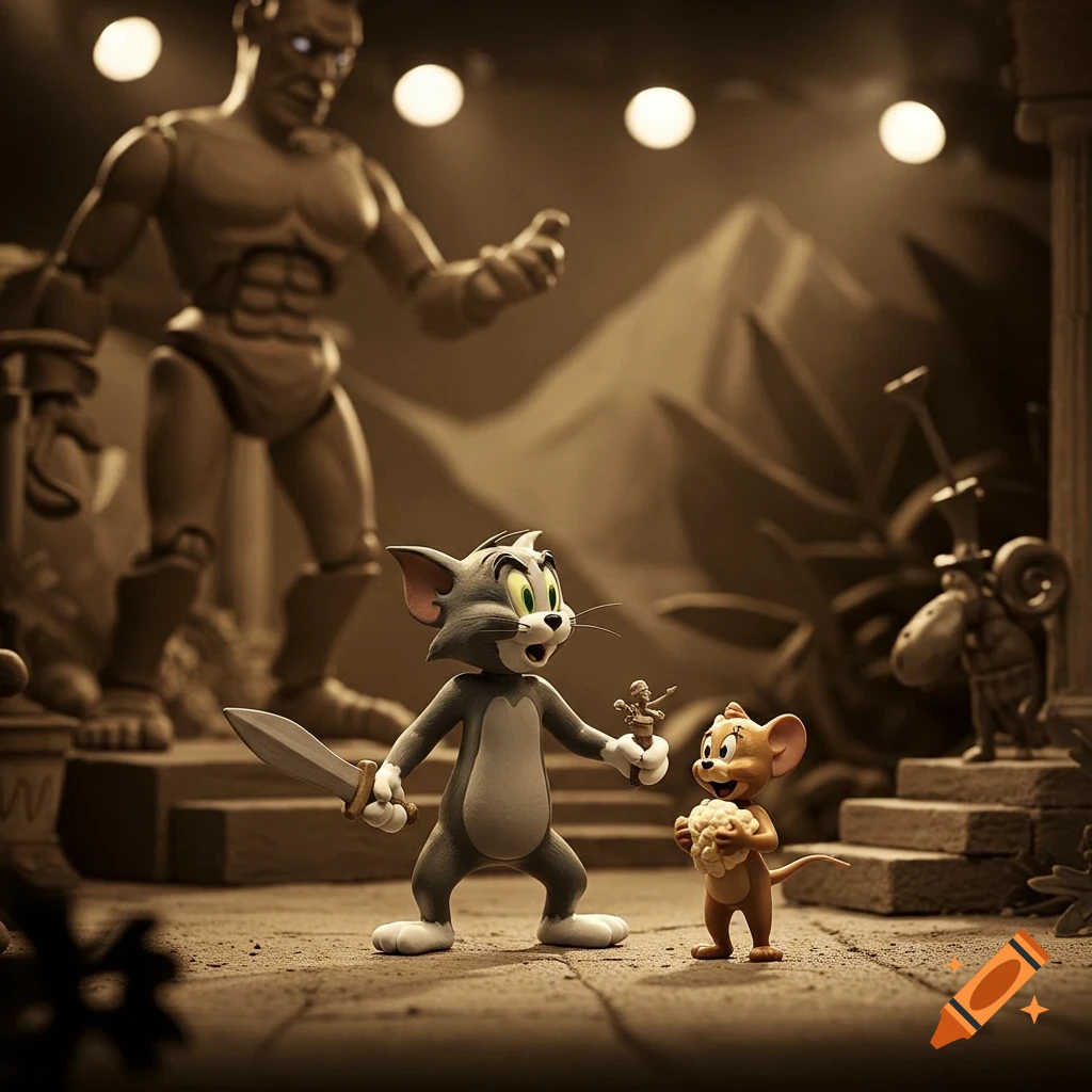 Sepia-toned stop-motion Tom, holding a sword and tiny figure, faces Jerry, holding popcorn, on an ancient-looking set with a giant statue.
