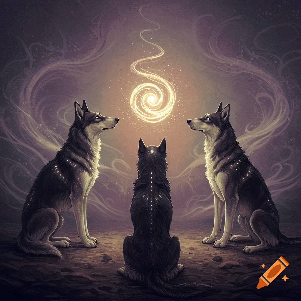 Three wolves gaze at a glowing golden energy spiral in a dark, mystical digital art setting.