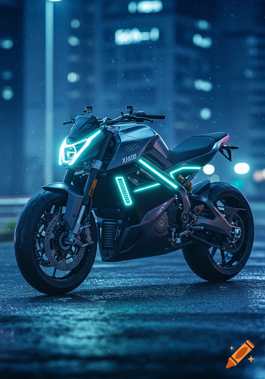 A futuristic black motorcycle with bright neon blue lights on its body, on a wet street at night with blurry city lights in the background.