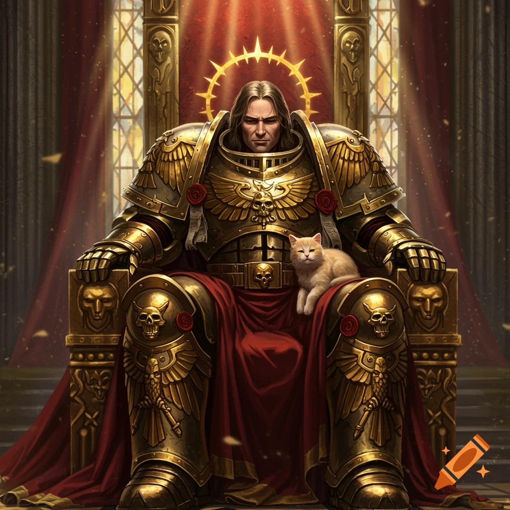 A majestic armored man sits on a golden throne, a small ginger cat resting on his lap in a grand hall.