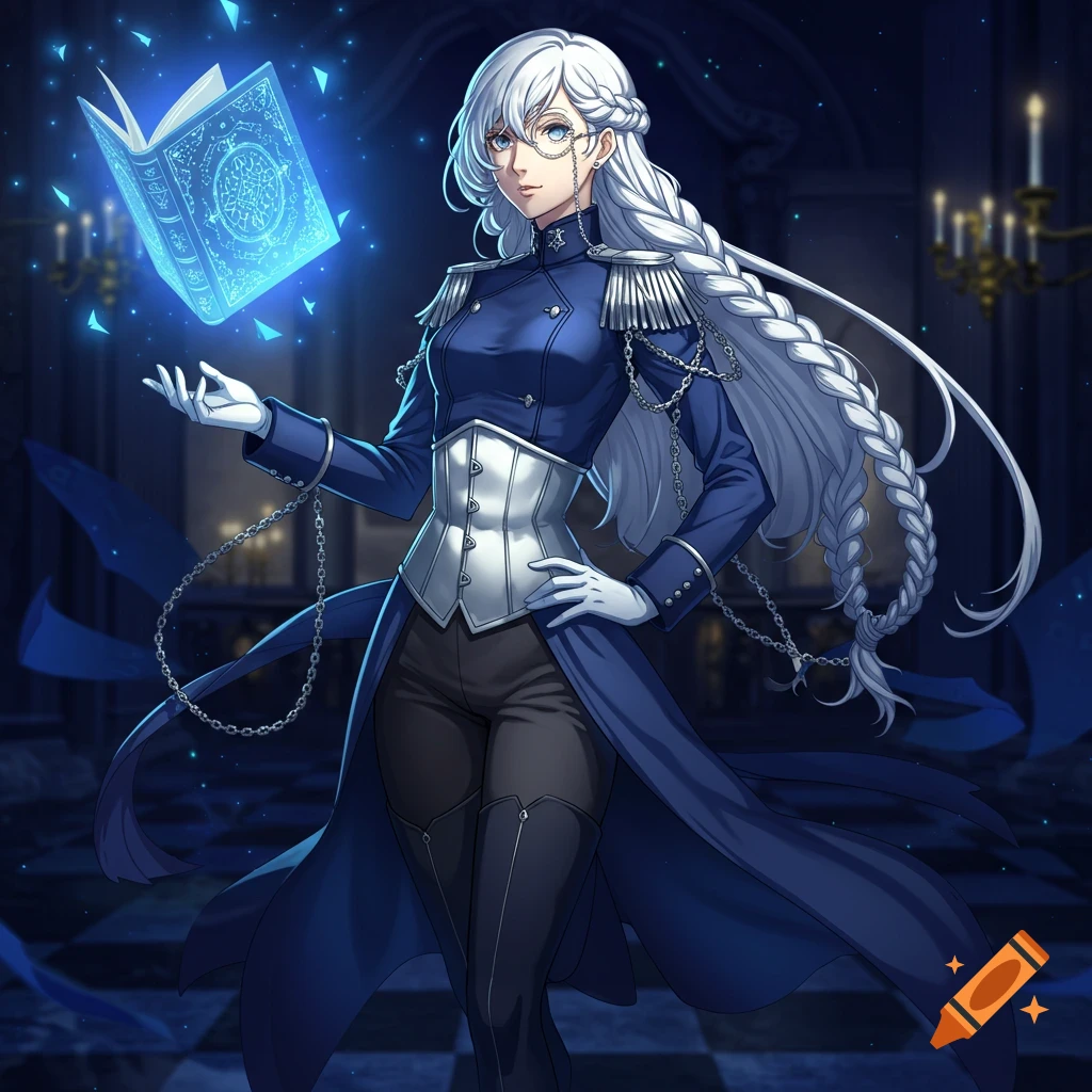 A white-haired anime woman in a blue uniform and monocle holds out her hand to a glowing blue book in a dark, dreamlike room.