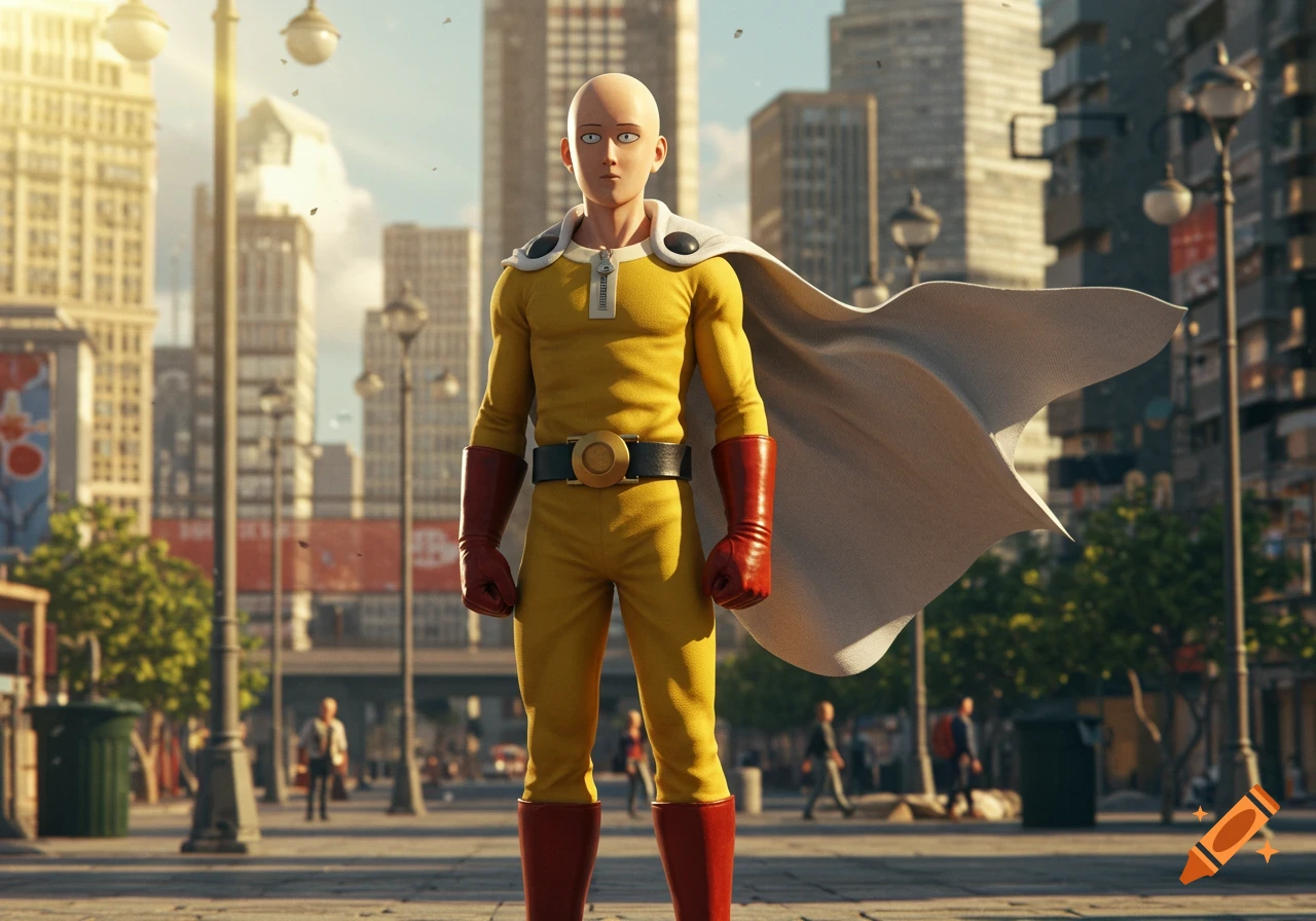 A photorealistic render of Saitama from One-Punch Man standing in the middle of a bustling city street.