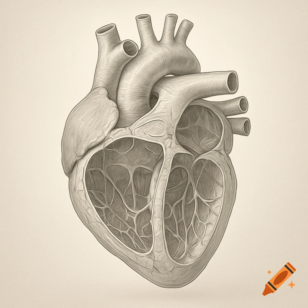 Detailed black and white pencil sketch of a human heart, showing its internal structure and major vessels.