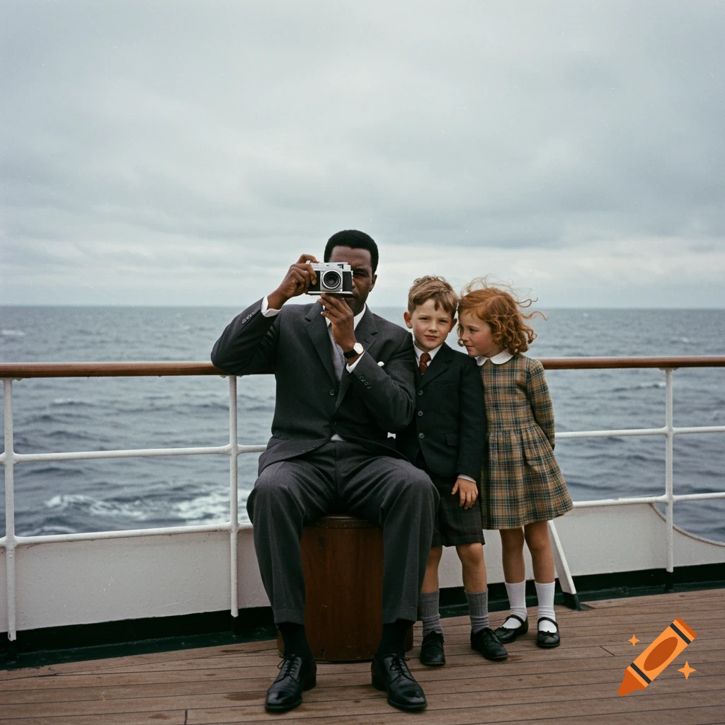 A man in a suit holding a camera poses with two children on a ship's deck overlooking the cloudy sea, vintage style.