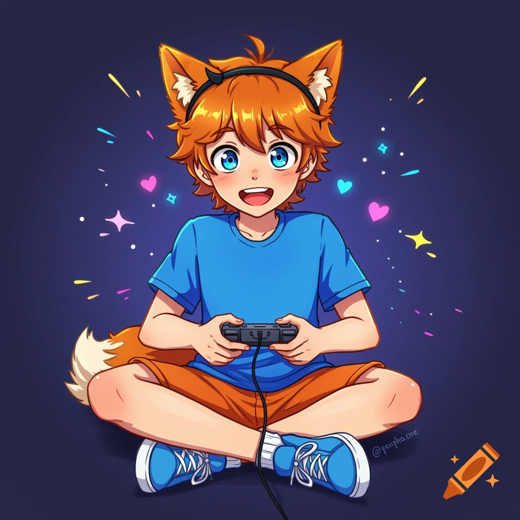 Cel-shaded anime boy with orange hair, fox ears, blue shirt, orange shorts, sitting cross-legged and playing a video game.