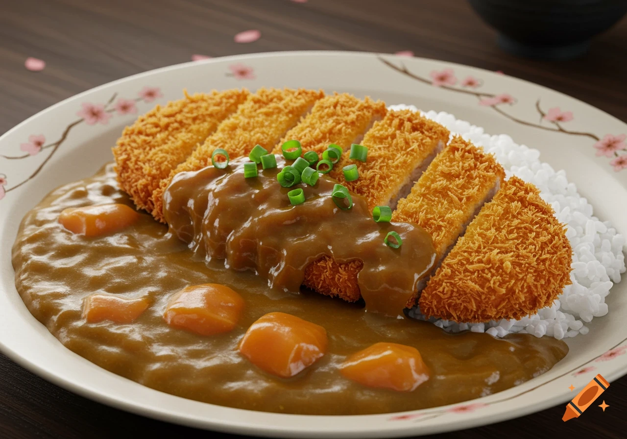 A close-up of a plate of golden-brown katsu curry with white rice, rich brown sauce, chopped green onions, and orange pieces, on a white plate with a cherry blossom design.