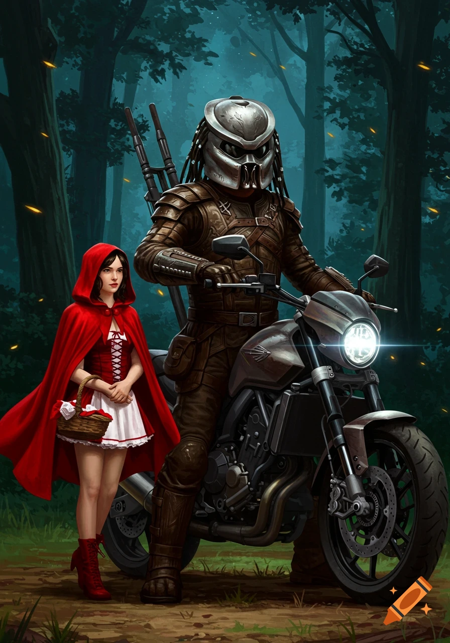 Little Red Riding Hood stands next to a Predator character on a motorcycle in a dark forest, digital art.