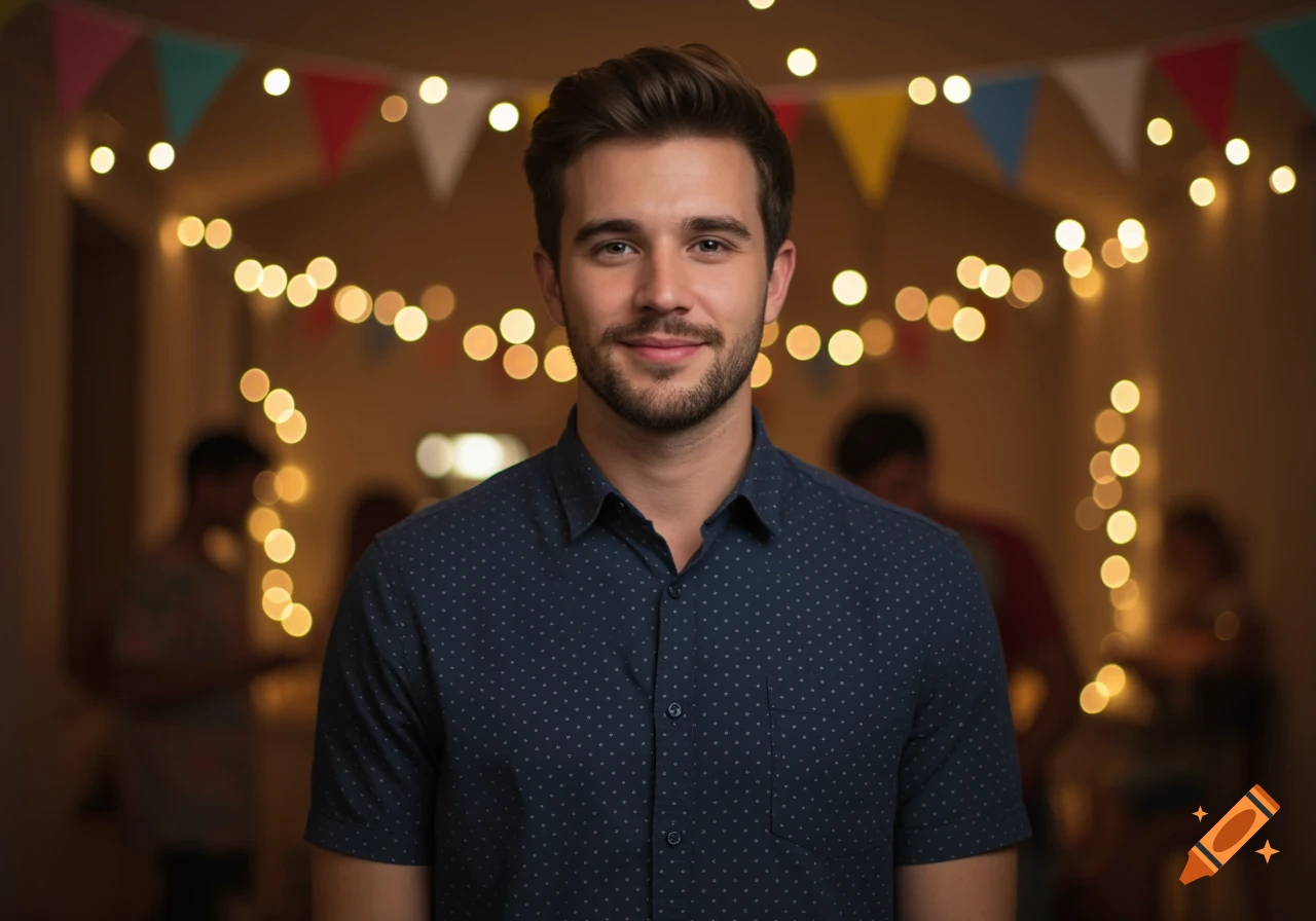 A smiling young man with dark hair and a beard wears a navy blue shirt in a room with blurred fairy lights and colorful banners.