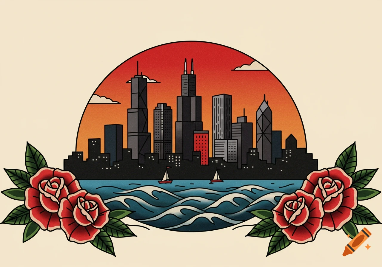 American traditional tattoo style illustration of the Chicago skyline at sunset with two red roses and boats on the water.