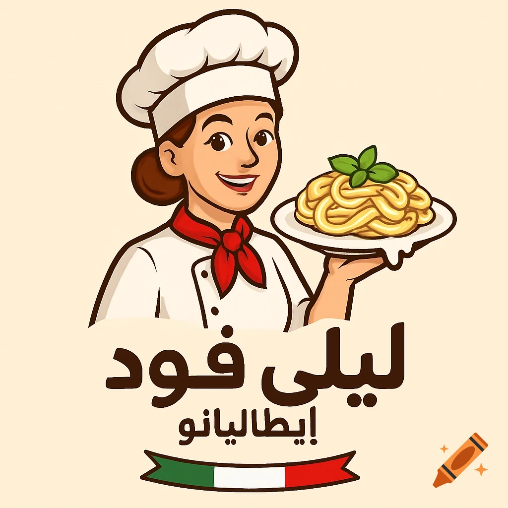 Cartoon female chef in hat and uniform holding a plate of pasta, with Arabic text "Layla Food Italiano" and an Italian flag.